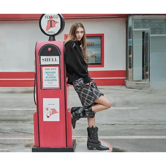 Women Retro Black Rubber Chunky Heels Mid Calf Western Boots Vintage Retro - Picture 4 of 8